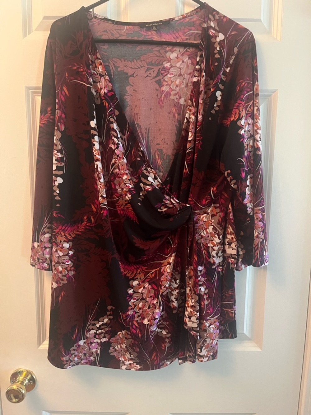 Draped V-Neck Floral Blouse in Burgundy